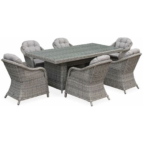 6-seater garden table in round pollyrattan with 6 armchairs - Lecco - grey rattan, grey cushions