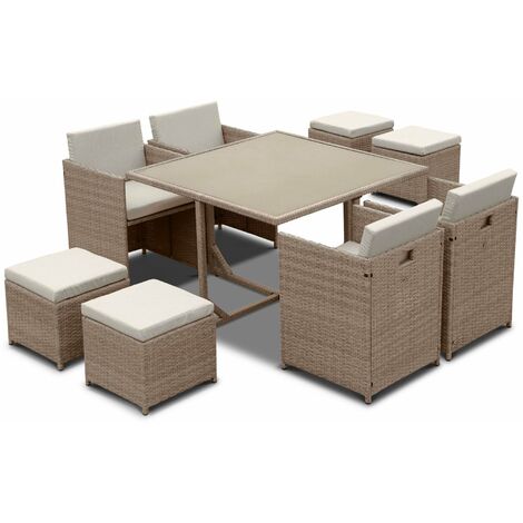 4 to 8-seater rattan cube table set with chairs, Vabo 8, Natural, 110x110x73 cm