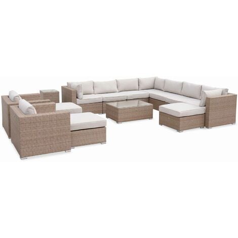 12-14-seater premium polyrattan garden sofa set, Tripoli, Beige, 303.5x82x67 cm