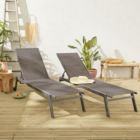 Pair of multi position aluminium sun loungers with wheels Elsa Anthracite 191x55x94 cm