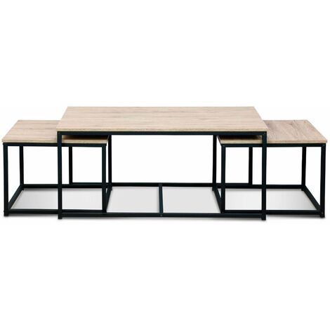 Set of 3 nesting coffee tables with metal and wood effect, Loft, Natural, 100x60x45 cm