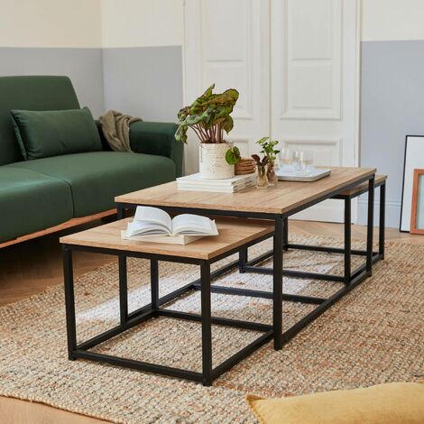 Set of 3 nesting coffee tables with metal and wood effect, Loft, Natural, 100x60x45 cm