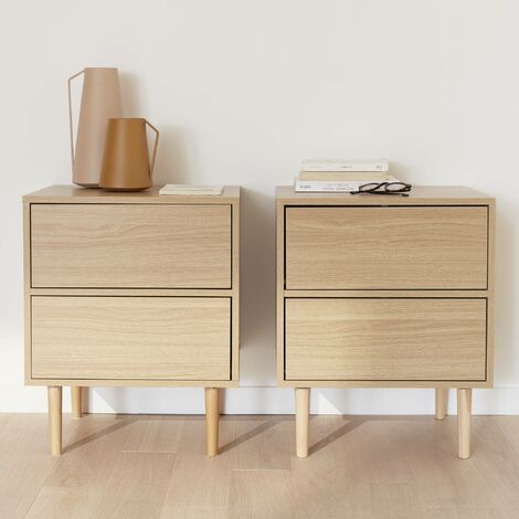 Pair of bedside tables with wood-effect, Mika, Natural, 48x40x59 cm