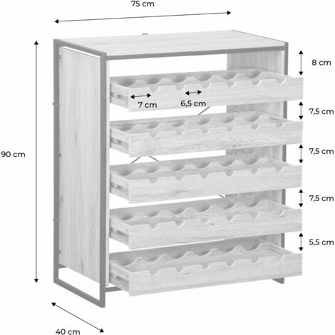 Metal And Wood-Effect Wine Rack With 5 Shelves 75X40X90Cm - Loft