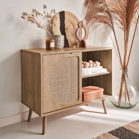 80cm wood and rounded cane rattan sideboard, Eva, Natural, 80x39x65.8 cm