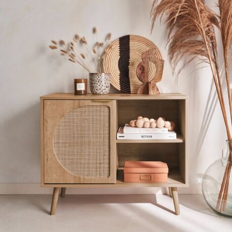 80cm wood and rounded cane rattan sideboard, Eva, Natural, 80x39x65.8 cm