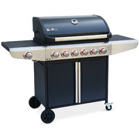 Gas Barbecue - Bazin 6 Anthracite - Barbecue with 6 burners + 1 side burner with shelves, thermometer, storage, wheels - Black