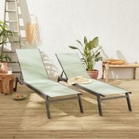 Set of 2 ELSA sun loungers in grey aluminium and sage green textilene, adjustable loungers with wheels - Anthracite