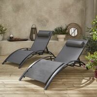 2 Aluminium and textilene sun loungers reclining garden chair beach sun lounger recliner, anthracite - Anthracite