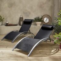 2 Aluminium and textilene sun loungers reclining garden chair beach sun lounger recliner, black