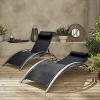 2 Aluminium and textilene sun loungers reclining garden chair beach sun lounger recliner, black
