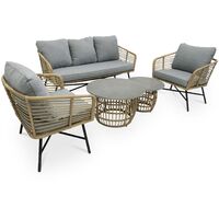 5-seater rattan garden sofa set with 2 side tables – UBUD – 3-seater sofa and 2 armchairs set, heather grey cushions - Wood