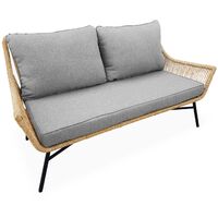 4-seater rattan garden sofa set with 2 nesting tables – KUTA – 2-seater sofa and 2 armchairs set, heather grey cushions - Wood