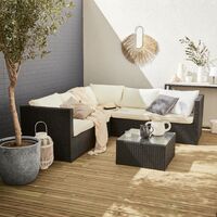 5-seater rattan garden furniture sofa set table, black weave, off-white cushions. Ready assembled