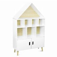 Children's house-shaped bookcase - Tobias- white natural pine - 3 shelves, 8 compartments, 2 cupboards, scandi-style