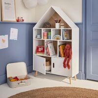 Children's house-shaped bookcase - Tobias- white natural pine - 3 shelves, 8 compartments, 2 cupboards, scandi-style