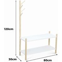 Children's shoe and coat organiser made up of 2 shelves and a coat stand with 4 hooks - TOBIAS - natural white pine - 80x30x120cm