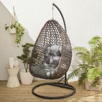 Hanging chair - Egg chair - Hanging love seat in brown rattan with thick grey cushion, retro egg chair, hammock chair - Brown