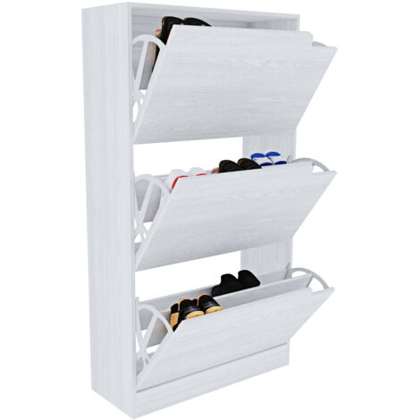 Scarpiera Portascarpe 3 Ante In Legno MDF Da Ingresso Salvaspazio A Ribalta Design Con Maniglie A Scomparsa Doppia Profondità Slim Soggiorno Casa Camera Ufficio 115 x 24 x 63 Cm (Bianco)