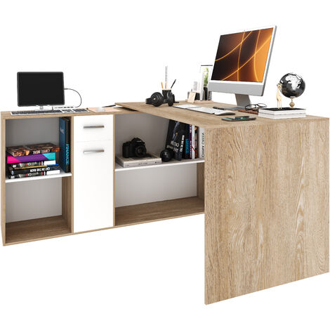 Scrivania Multiposizione Multiuso Con 6 Scompartimenti Scrittoio Mobile per Computer Laptop Desk Ufficio Soggiorno Sala da Pranzo Camera Design Moderno Bocas 120 x 75 x 120 Cm (Bianco E Rovere)