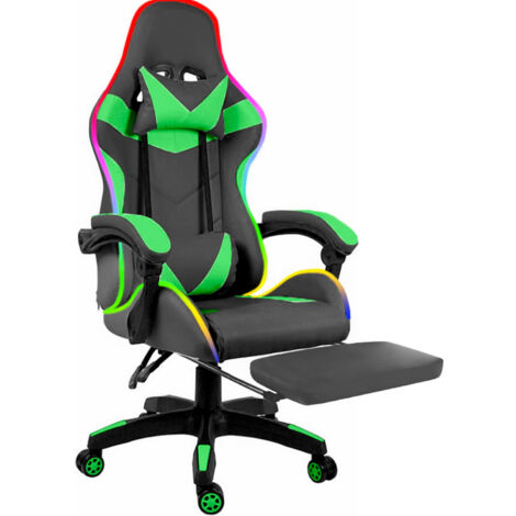 Sedia Gaming Con LED RGB e Telecomando Poltrona Ufficio Scrivania Casa PC Stile Racing Girevole Ergonomica In Ecopelle Cuscino Supporto Lombare Poggiapiedi Poggiatesta Braccioli (Nero e Verde)