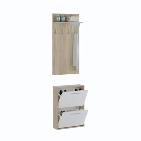 Set Ingresso Salvaspazio con Scarpiera 2 Ribalte e Appendiabiti da Parete con Mensola Mobile Ingresso Moderno Soggiorno Portascarpe Giacche 54 x 73 x 18 Cm Bianco E Rovere