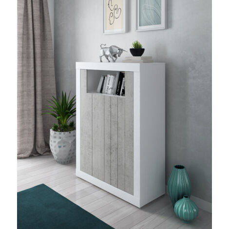 Credenza Alta Commodoro 110x144x42 Cm - Bianco E Grigio Cemento, 2 Ante E Vano A Giorno, Mobile Moderno Per Soggiorno E Cucina