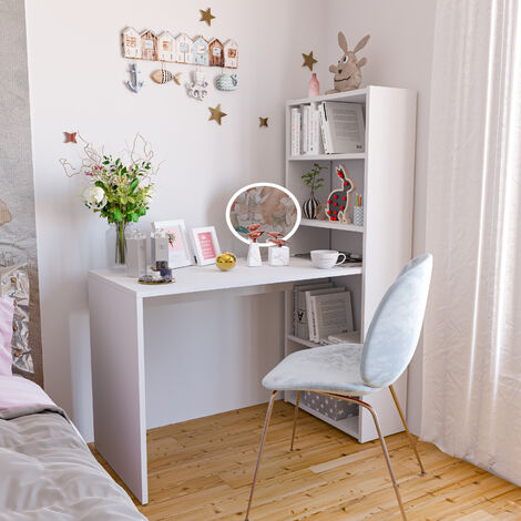 Scrivania Con Libreria Reversibile Salvaspazio Kirkensen Scrittoio Scaffali Laterali Mobile Desk Postazione Pc Da Studio Ufficio Soggiorno Sala da Pranzo 120 x 144 x 53 cm Colore Bianco