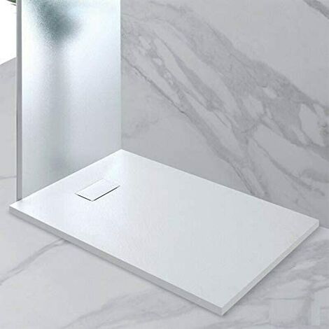 Piatto Doccia Spessore 2.6 Cm Resina SMC Effetto Pietra Stone Ardesia Antiscivolo Riducibile Filopavimento Con Griglia Di Copertura Bianco 80x130 Cm