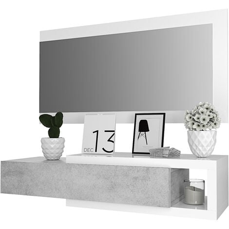 Mobile Maiorca Mobiletto da Ingresso Sospeso con Cassetto Mensola e Specchio Arredo Arredamento Sala 95 x 25 x 26 cm Colore Bianco Lucido e Grigio Cemento