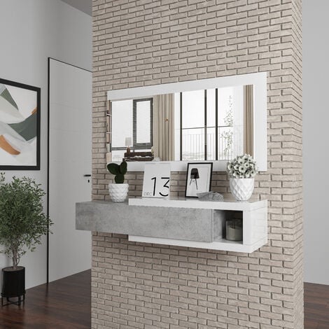 Mobile Maiorca Mobiletto da Ingresso Sospeso con Cassetto Mensola e Specchio Arredo Arredamento Sala 95 x 25 x 26 cm Colore Bianco Lucido e Grigio Cemento