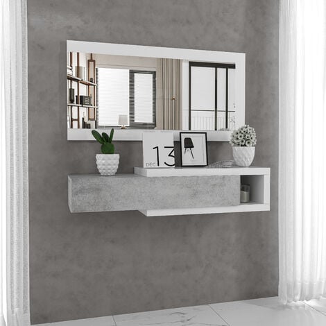 Mobile Maiorca Mobiletto da Ingresso Sospeso con Cassetto Mensola e Specchio Arredo Arredamento Sala 95 x 25 x 26 cm Colore Bianco Lucido e Grigio Cemento