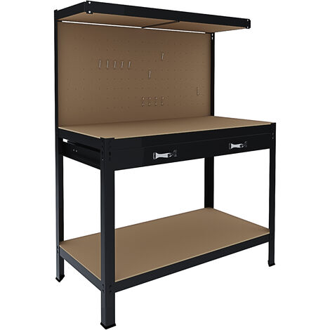 Banco Tavolo Da Lavoro A 3 Livelli Con Piano 120 x 60 Cm Portata Fino a 370 Kg Con Cassetto e Parete Pannello Forato Porta Attrezzi Utensili Ideale Garage Officina Cantina Capannone Magazzino Nero