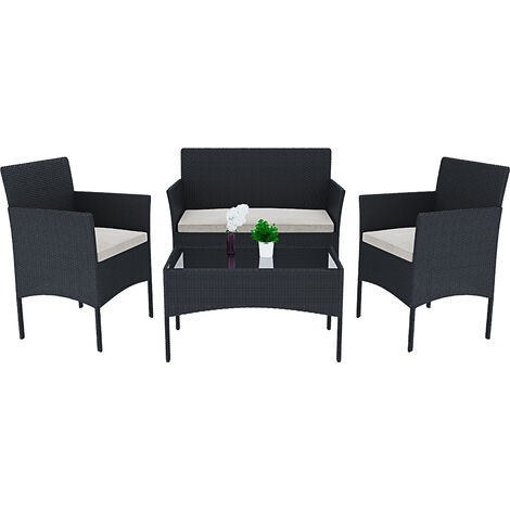 Set Di Mobili da Giardino Salotto Salottino in Rattan 4 Posti con Tavolino E Ripiano In Vetro 2 Poltrone e Divano 2 Posti Per Giardino Esterno Piscina Cuscini Sfoderabili Colore Nero