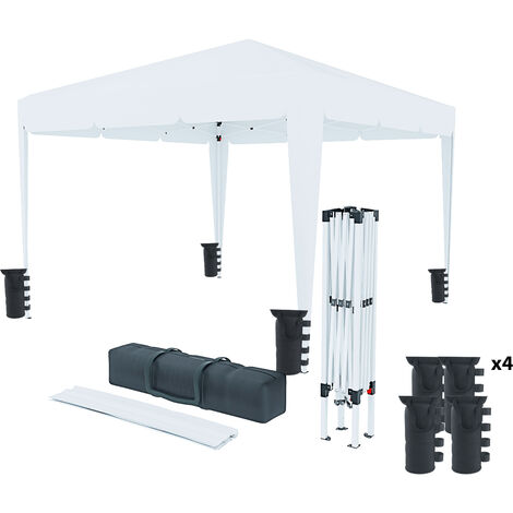 Gazebo Pieghevole Idrorepellente 3 x 3 M Da Giardino Con 4 Sacche Per Pesi E Sacca Di Trasporto Chiusura A Fisarmonica Per Fiere Campeggio Esterno Piscina Struttura Acciaio Copertura 160 gr/m² (Bianco