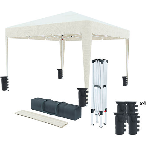Gazebo Pieghevole Idrorepellente 3 x 3 M Da Giardino Con 4 Sacche Per Pesi E Sacca Di Trasporto Chiusura A Fisarmonica Per Fiere Campeggio Esterno Piscina Struttura Acciaio Copertura 160 gr/m² (Beige)