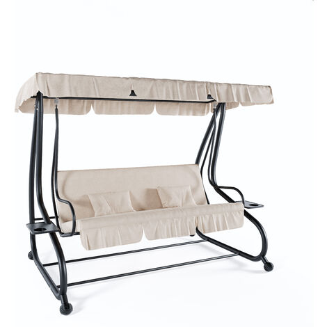 Dondolo 3 Posti Reclinabile Madeira Tettuccio Parasole Regolabile Cuscini Imbottiti Diventa Letto Struttura Robusta In Acciaio Verniciato Giardino Esterno Balcone Terrazzo 200 x 120 x 160 cm Beige