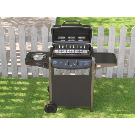 Barbecue A Gas Con Fuoco Bruciatore Laterale BBQ Con Coperchio Termometro Griglia Piano Di Appoggio Grill Compatto Con Ruote e Struttura In Acciaio Giardino Esterno Piscina 112 x 52.5 x 96.5 Cm Nero