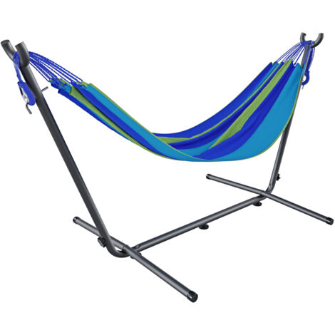 Amaca Da Giardino Con Supporto In Acciaio Portata 200 Kg Altezza Regolabile Telo Cotone Resistente Amaca Brasiliana Esterno Terrazzo Piscina Balcone Con Borsa 265 x 110 x 100 Cm Multicolore Blu