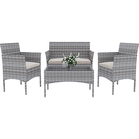 Arreditaly Set Di Mobili da Giardino Salotto Salottino in Rattan 4 Posti con Tavolino E Ripiano In Vetro 2 Poltrone e Divano 2 Posti Per Giardino Esterno Piscina Cuscini Sfoderabili (Grigio)