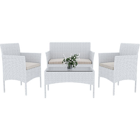 Arreditaly Set Di Mobili da Giardino Salotto Salottino in Rattan 4 Posti con Tavolino E Ripiano In Vetro 2 Poltrone e Divano 2 Posti Per Giardino Esterno Piscina Cuscini Sfoderabili (Bianco)
