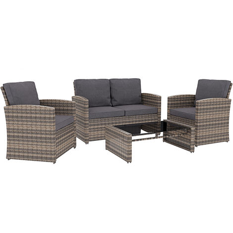 Salottino Da Giardino Salotto in Rattan Set Di Mobili 4 Posti con Tavolino Ripiano In Vetro Divano 2 Posti E 2 Poltrone Per Esterno Terrazzo Balcone Piscina Cuscini Sfoderabili Colore Marrone Chiaro