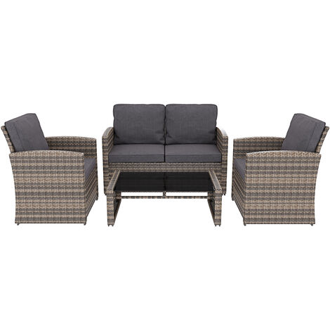 Salottino Da Giardino Salotto in Rattan Set Di Mobili 4 Posti con Tavolino Ripiano In Vetro Divano 2 Posti E 2 Poltrone Per Esterno Terrazzo Balcone Piscina Cuscini Sfoderabili Colore Marrone Chiaro