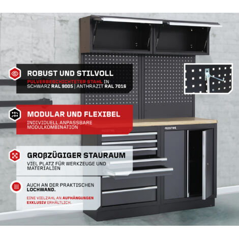 FEISTOS Apollo 5 FE9995 Workshop Equipment Garage Mechanic Tool Storage Bench Wood Worktop Units Cabinets Drawers Tool Cabinet Grey Black  powder-coated steel 136x46x200cm