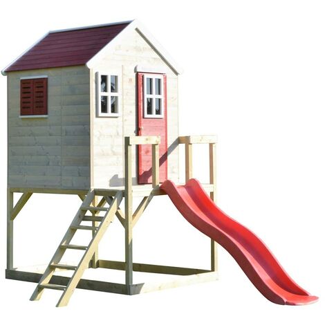 Wendi Toys Kinderspielhaus, Stelzenhaus "Tiger" mit Veranda und Rutsche, holz / rot