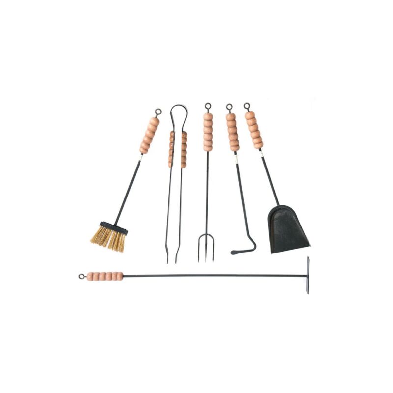 Set 5 Utensili Per Camino In Ferro Con Manici In Legno | Kit Caminetto Completo Made In Italy | Scopino, Attizzatoio, Paletta, Pinza E Portattrezzi | Resistente Al Calore