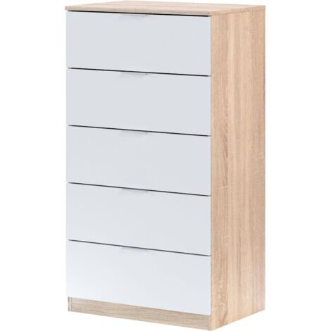 Cassettiera Camera da Letto con 5 Cassetti in Legno Comò Moderno Bianco e Rovere