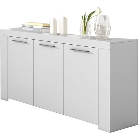 Mobimarket – Credenza moderna bianca opaca a tre ante – Dimensioni 144x42x80h cm – Melamina con maniglie metallizzate – Gamba centrale metallica (1/5)