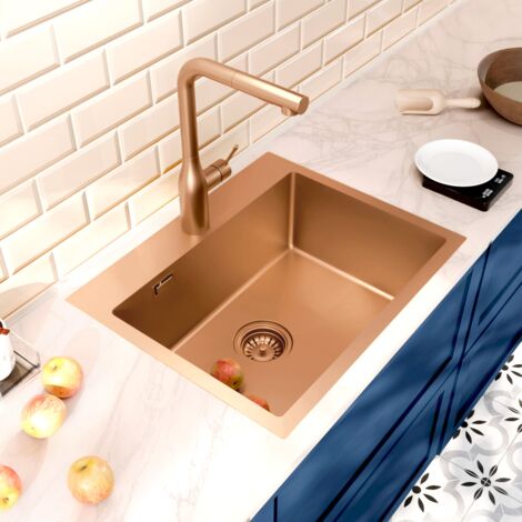 Ceramia Timeless Fregadero de cocina empotrable inox 304, 1 cubeta, 55x45x21 cm, Cobre cepillado PVD (TMLKST-5545BCP)