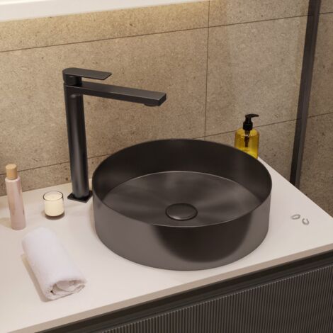 Ceramia Timeless Lavabo sobre encimera, acero inox, 38 x 38 x 11 cm, sin rebosadero + válvula, gun metal negro cepillado (TMLW-3838BGM)